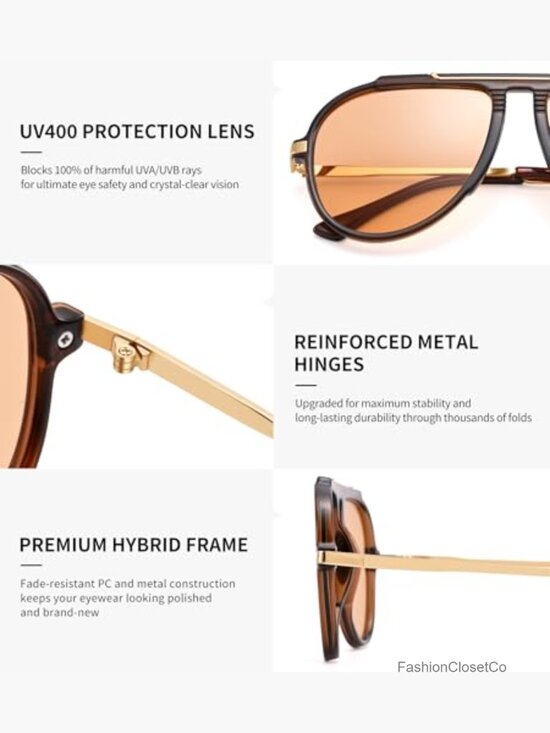 Oversized Aviator Sunglasses Retro Vintage Gold Metal Frame UV400 main image 7